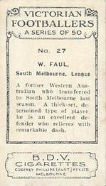 1933 Godfrey Phillips Victorian Footballers (A Series of 50) #27 William Faul Back